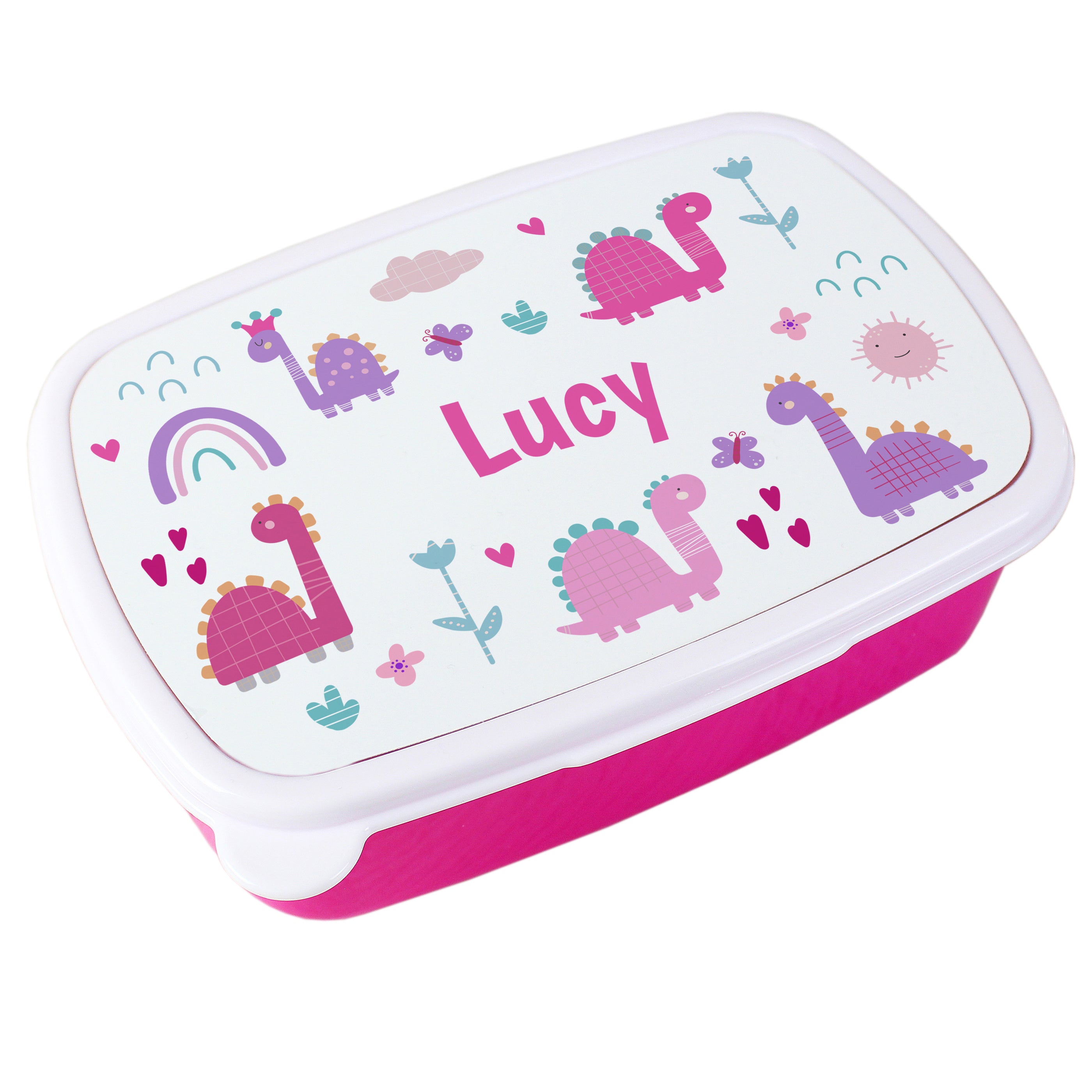 Personalised Girls CUTE DINOSAUR Lunch Box School Snack Sandwich Pink  Lunchbox KS116 