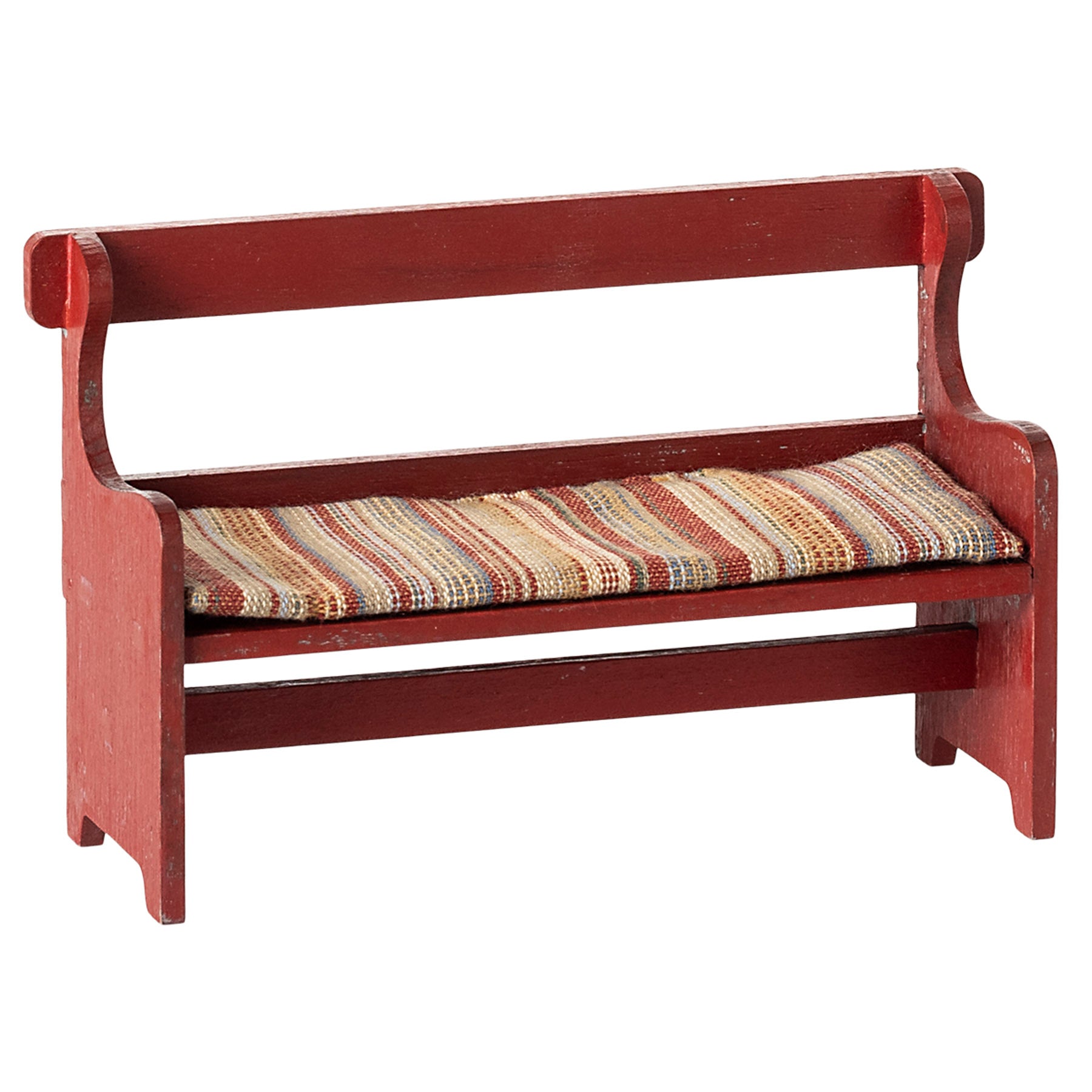maileg red shaby chic painted bench with a striped cushion. bigger enough for 2 or 3 mice 