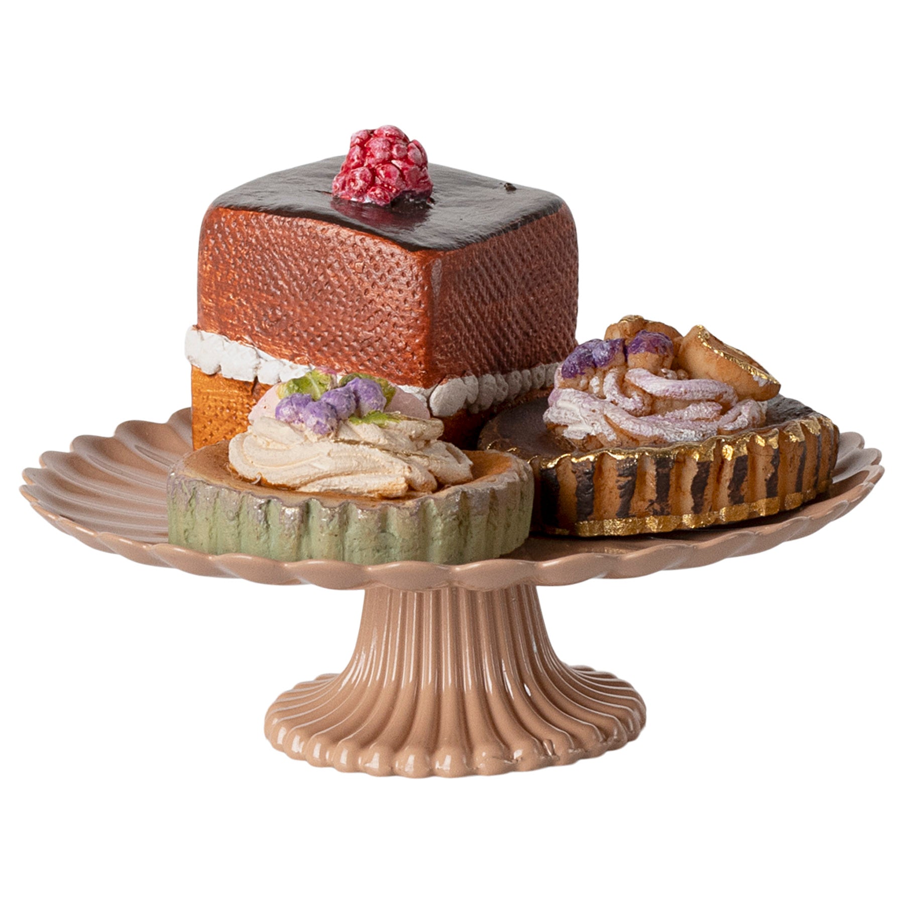maileg cake stand with 1 square piece of cake and 2 tarts
