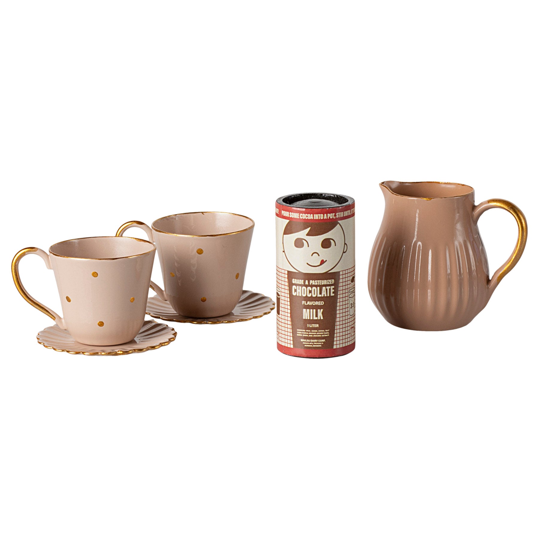 maileg pink jug, 2 cups and saucers and a hot chocolate carton