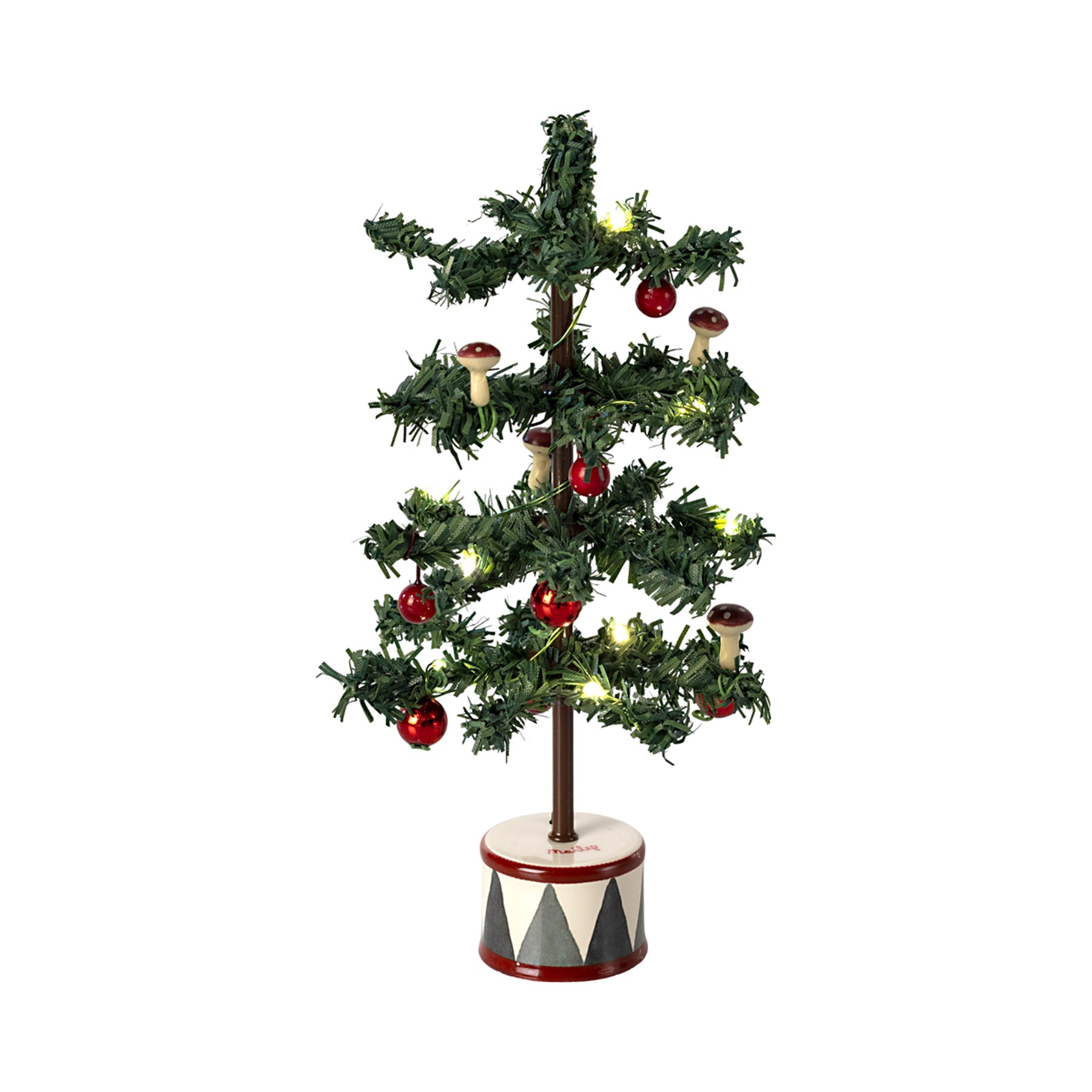miniature christmas tree with little led lights with a tin drum pot