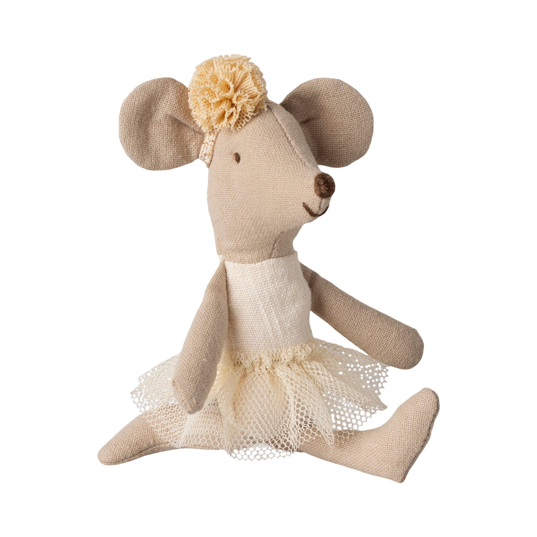 maileg mouse in a pale yellow tutu and flower pom pom headband