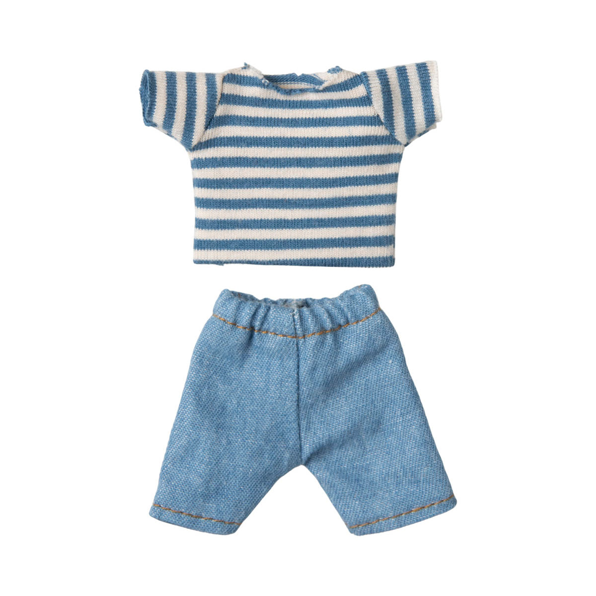 clothes for maileg mouse, stirpe blue t-shirt and denim shorts
