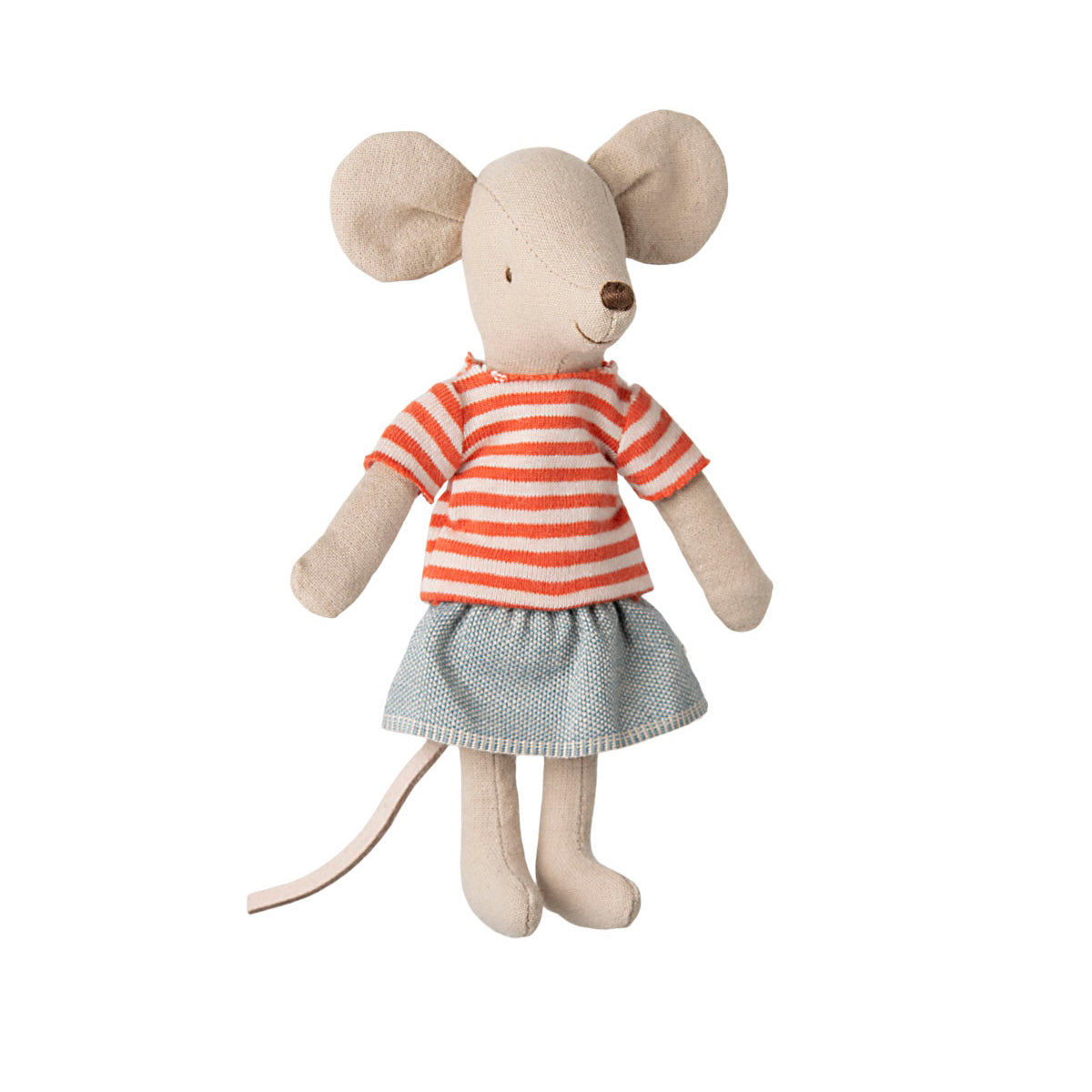 maileg mouse in a striped red t-shirt and denim skirt
