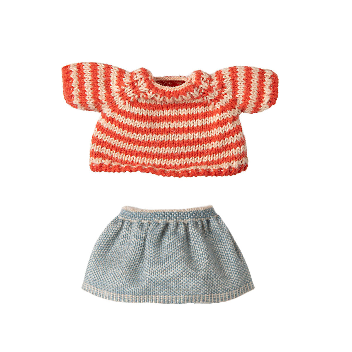 clothes for maileg mouse, stripe knitted jumper and denim skirt
