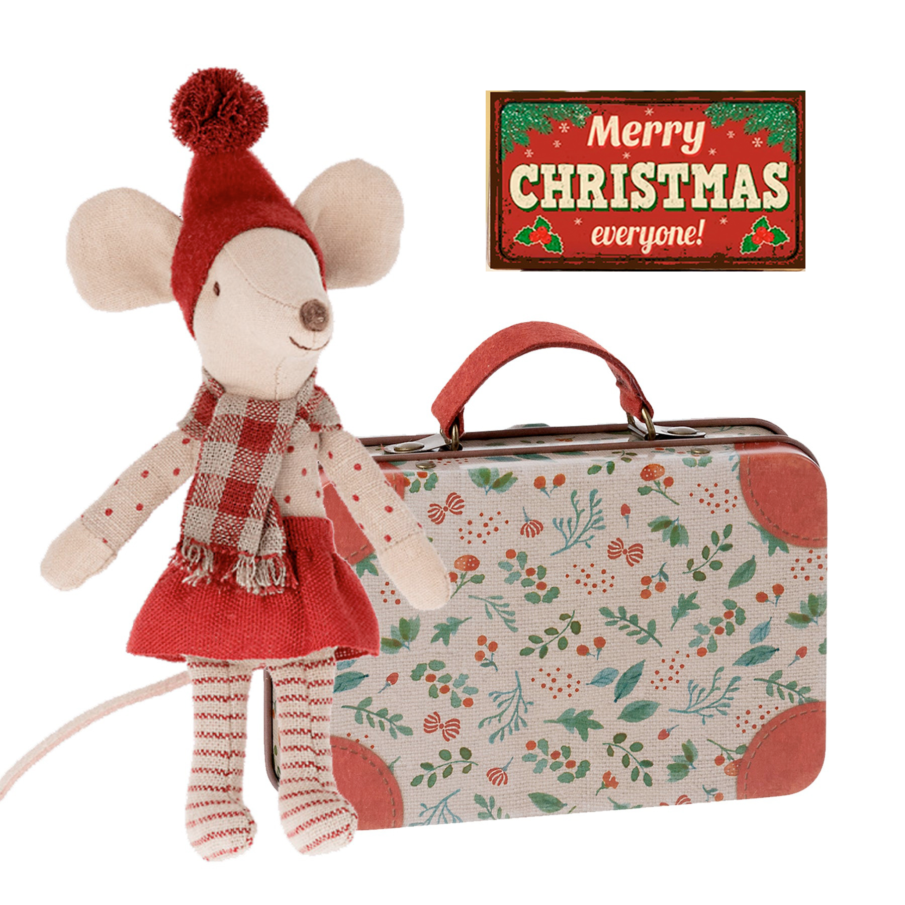 Maileg Big Sister Christmas Mouse, Suitcase & Miniature Sign