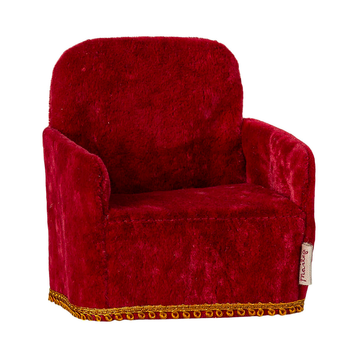 maileg soft red chair with a gold trim at the bottom