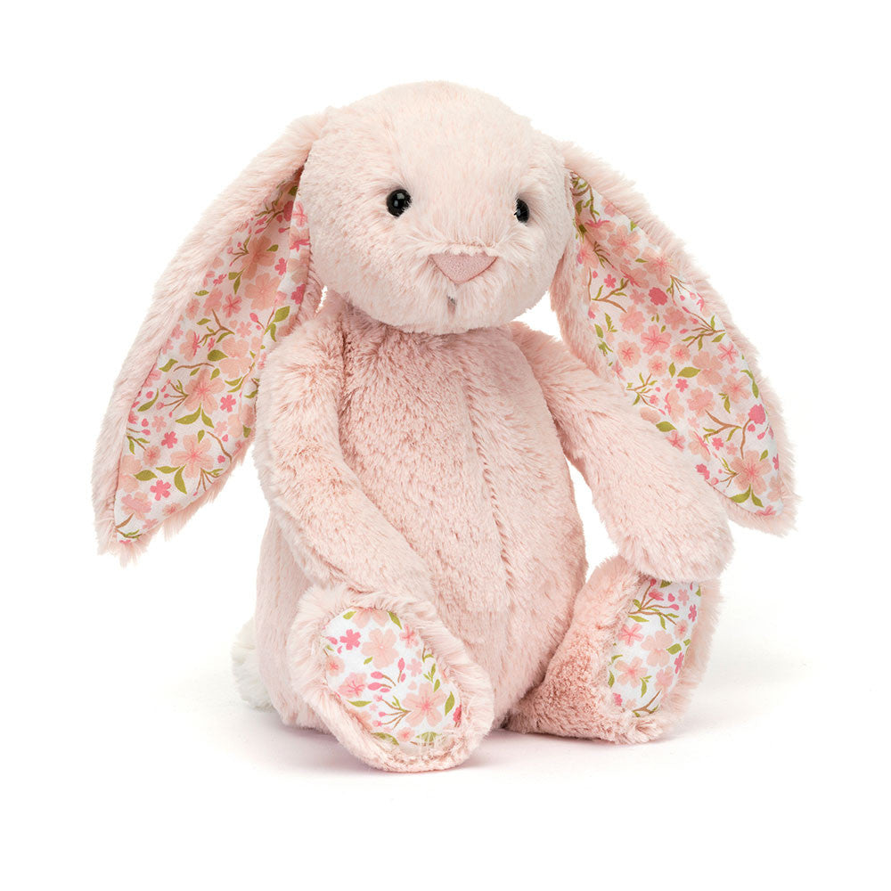 pale pink jellycat bunny with floral ears and paws