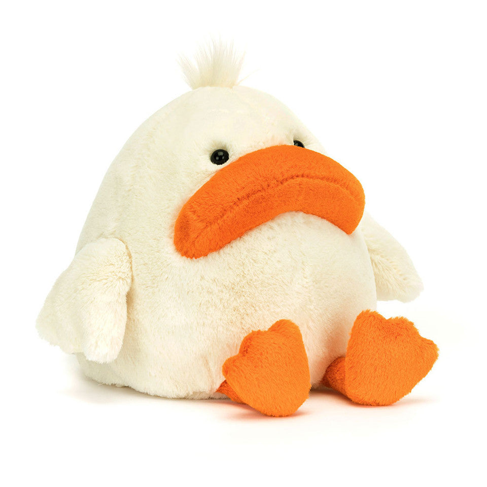 jellycat fat duck with a big orange beak and fee