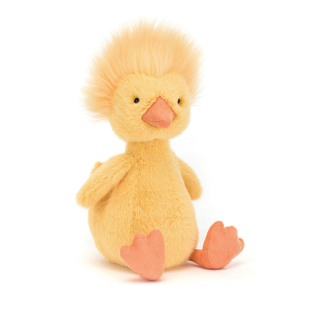 jellycat yellow chick with fluffy standing up hair, an orange beak and feet