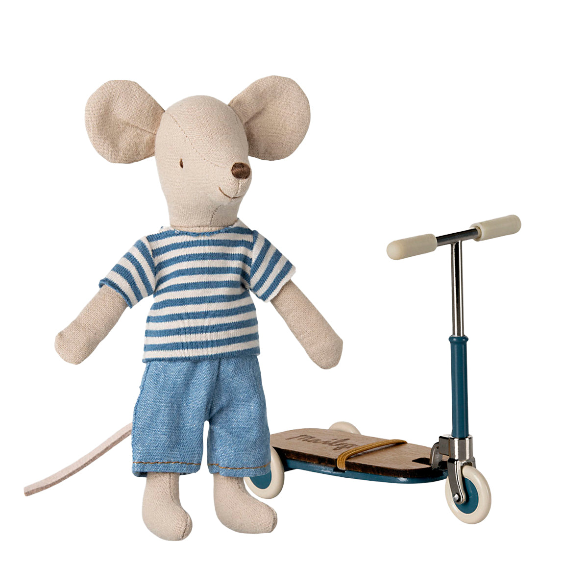 maileg mouse wearing a stripe t-shirt and denim shorts standing next to a blue kickboard