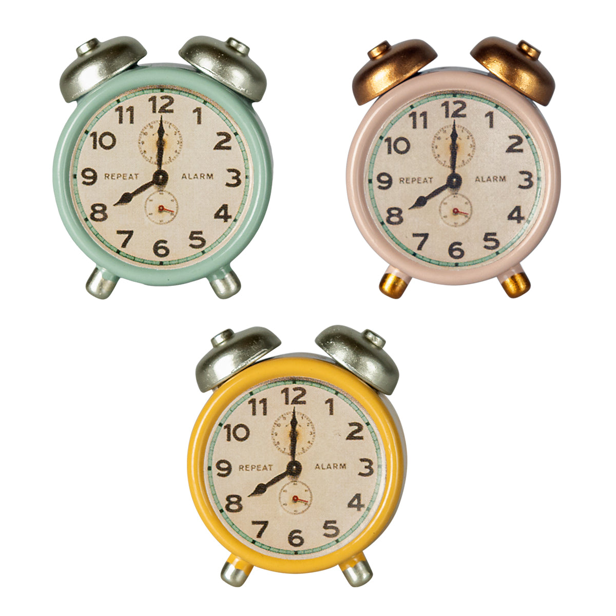 three maileg alarm clocks in mint, pink and yellow with 2 metal bells on each