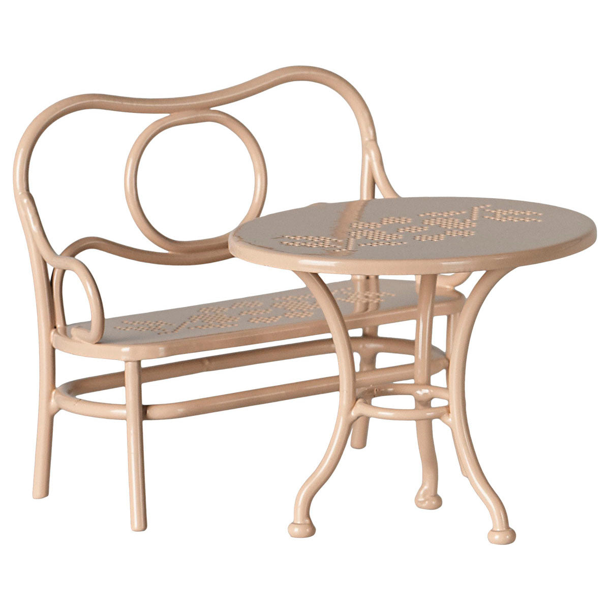 maileg bench and table in a powder pink