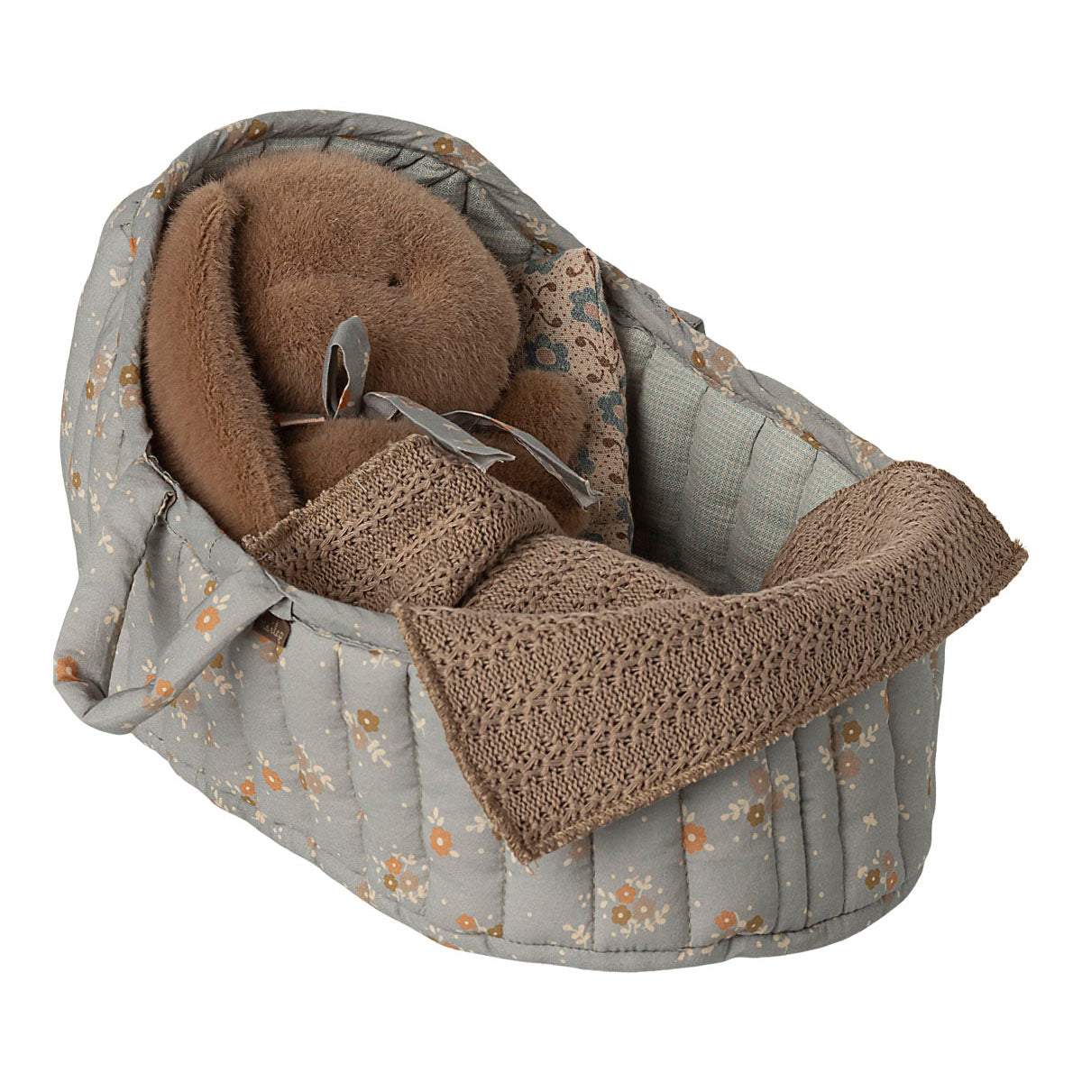 maileg large blue carrycot with a pillow with blue flowers and a blanket with a little bunny inside