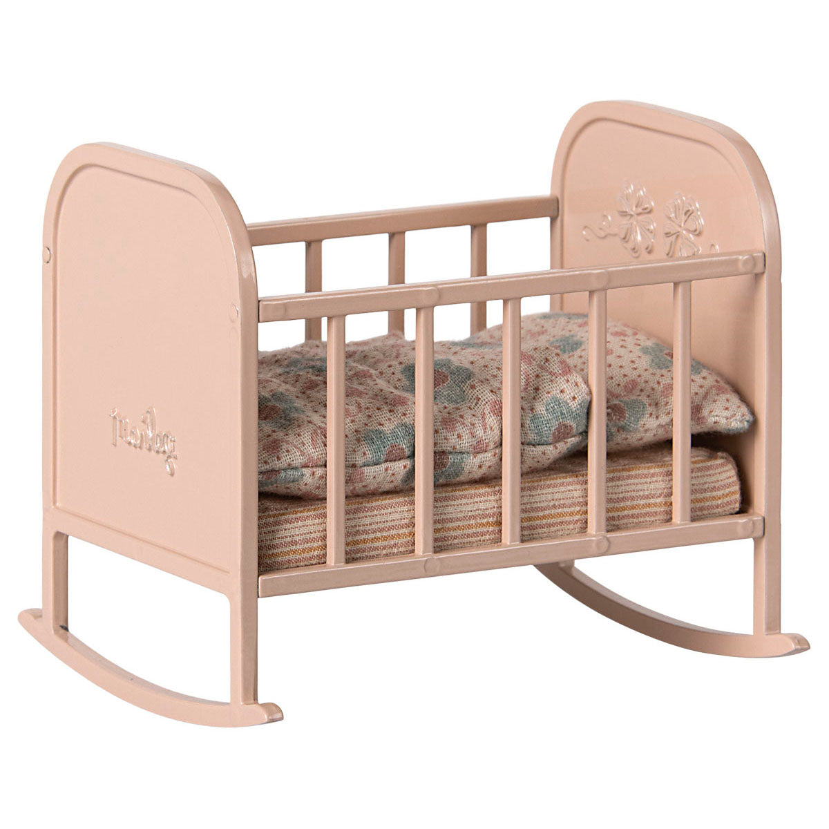 pink rocking cradle with bedding