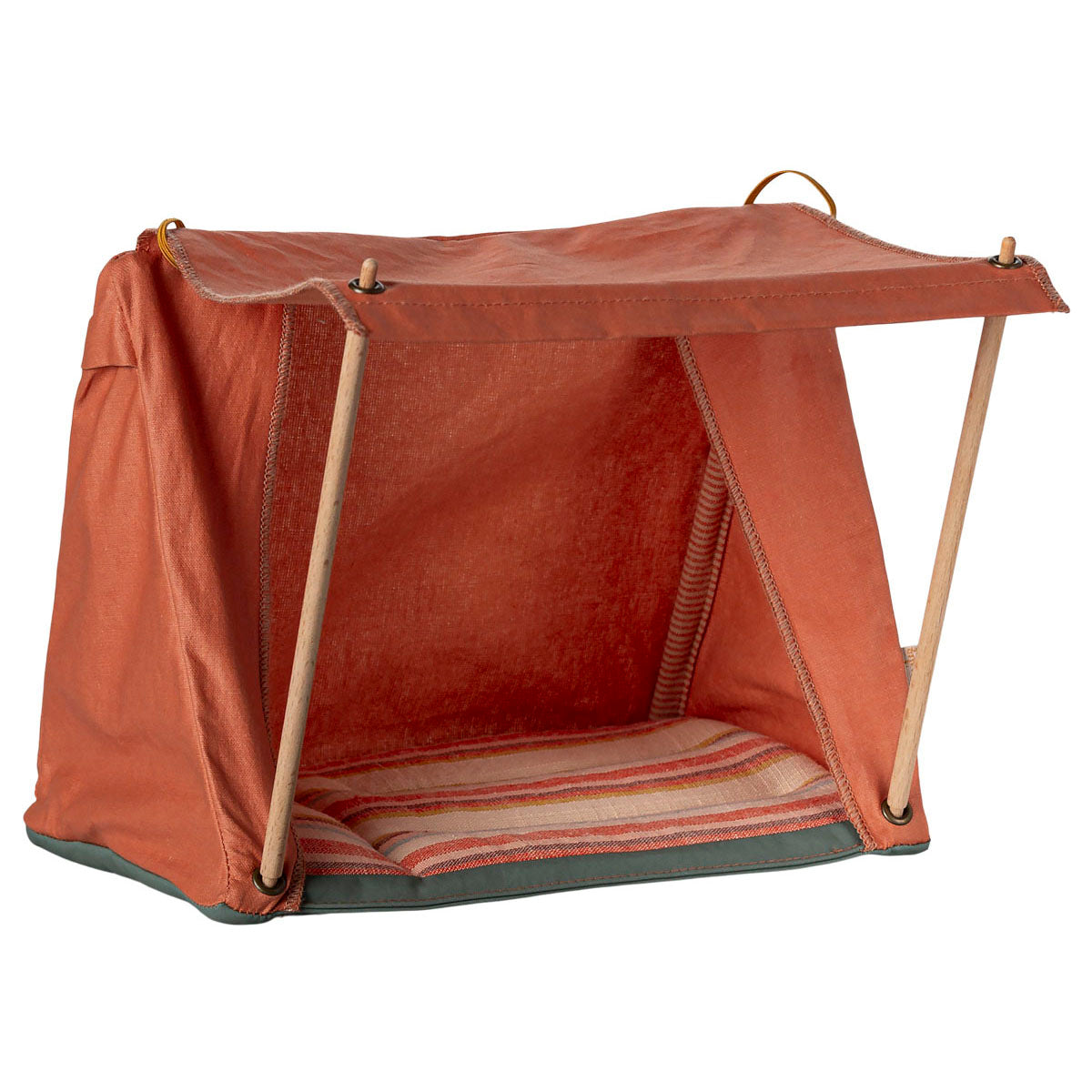 maileg tent with two poles to hold up roof with striped bedding