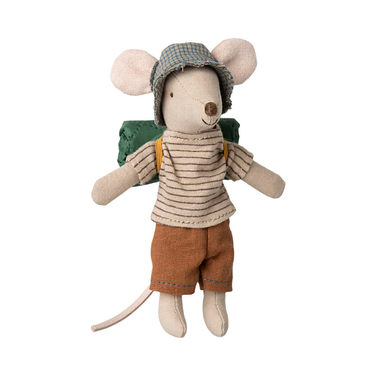 maileg hiker mouse wearing a cream & brown stripe t-shire, brown shorts. with a green sleeping bag on his  back