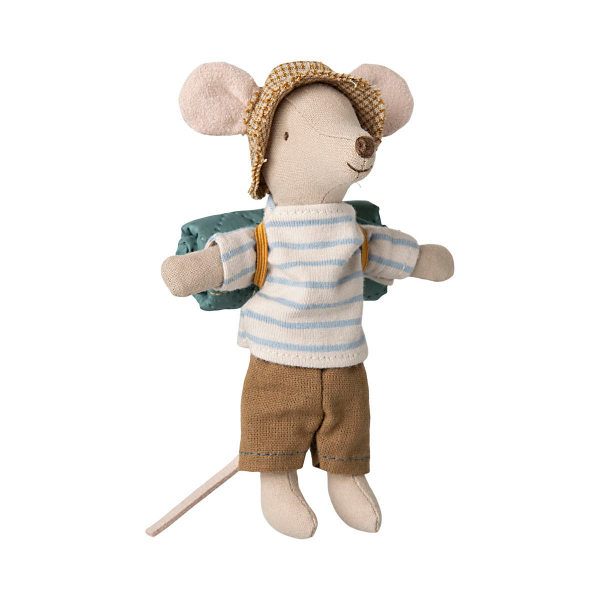 maileg mouse dressed for camping, in a t-shirt, shorts, hat with a sleeping bag on his back