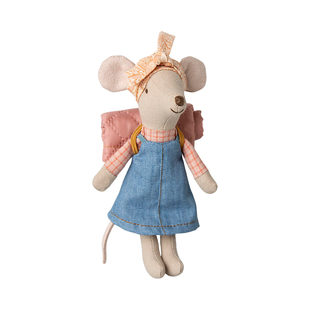 maileg girl mouse with a head scarf and sleeping bag on her back