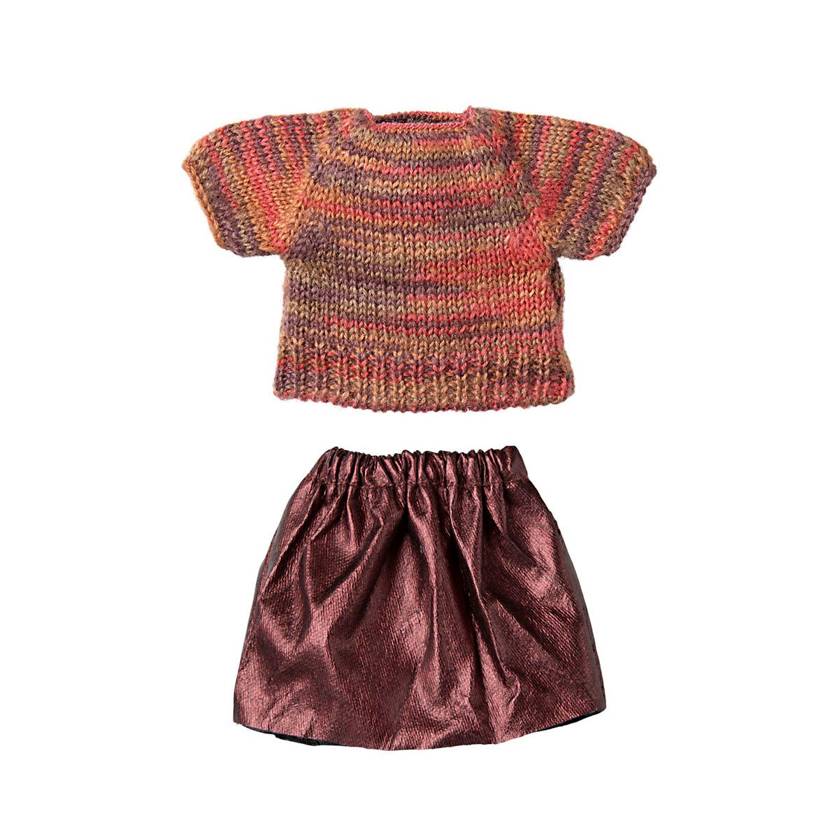 maileg mum clothes, muilti coloured knitted top and satin skirt