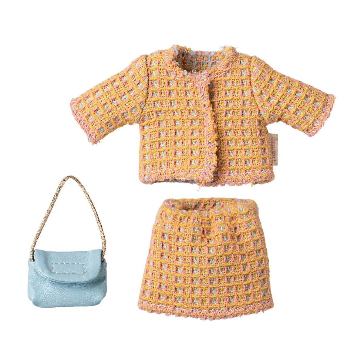 2 piece yellow suit with a blue handbag for    maileg mum mouse