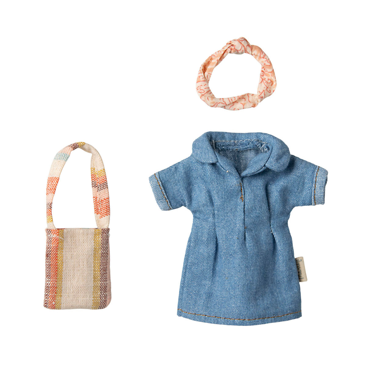 maileg mum clothes, a blue denim dress, bag and headband