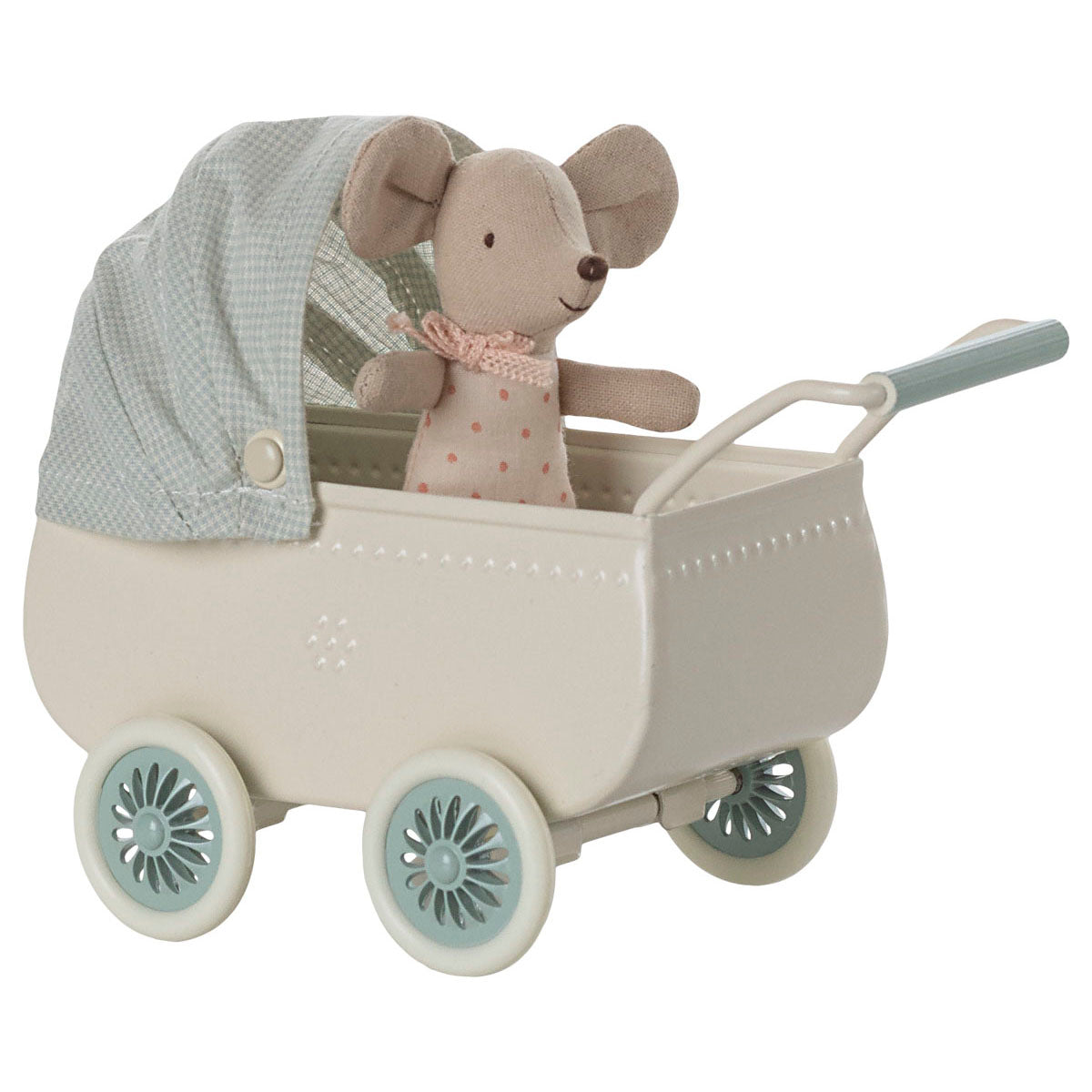 maileg pram with a little baby mouse sitting in it.