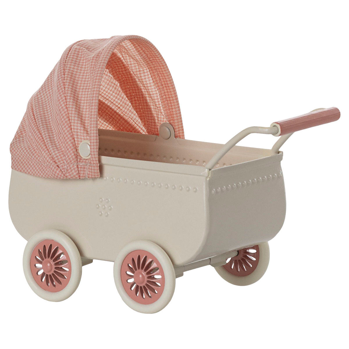 maileg cream pram with a coral hood