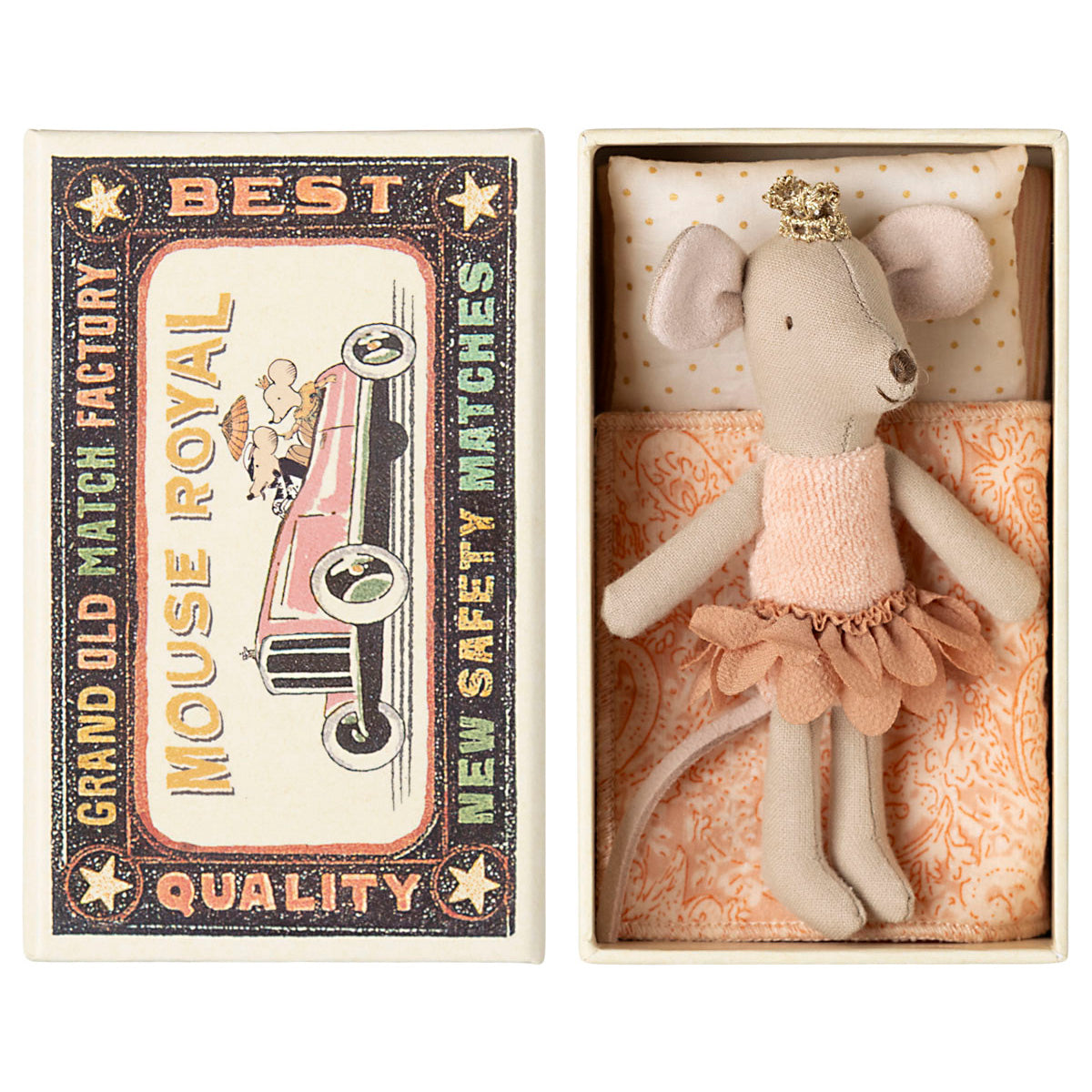 maileg little mouse all dressed in peach with peach bedding tucked up in a matchbox