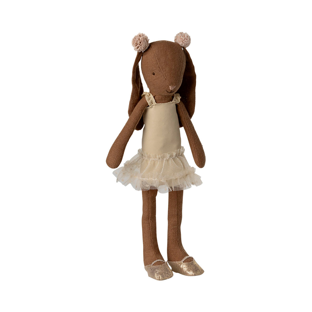 maileg brown bunny dressed as a ballerina, dressed in cream with gold shoes