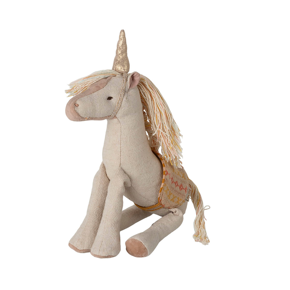 maileg unicorn has a golden horn and colourful saddle