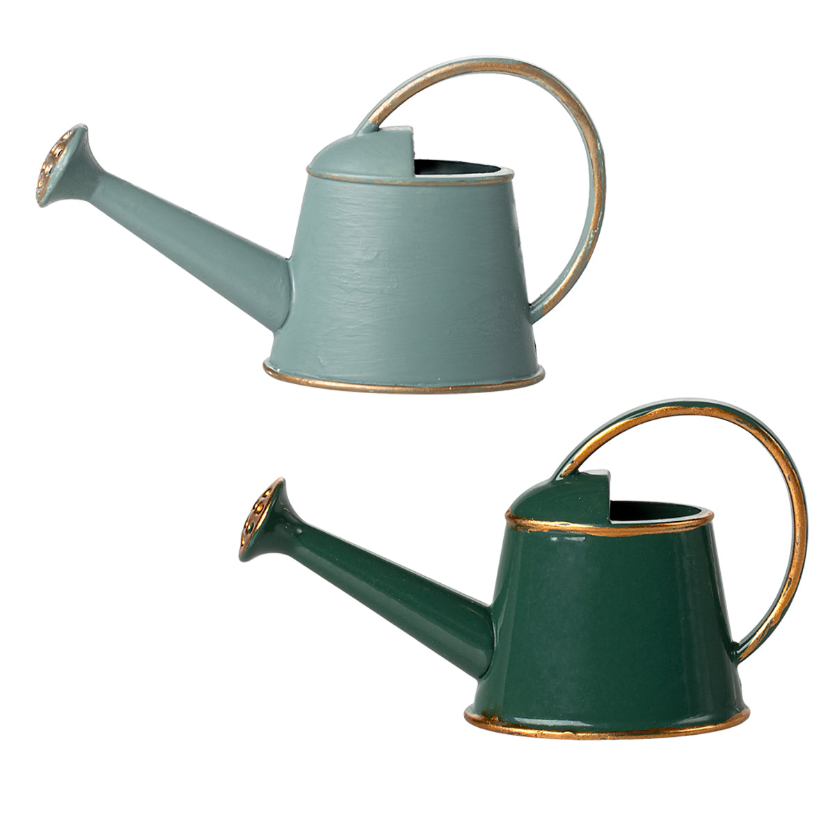 2 maileg watering cans side by side, dark green and light blue