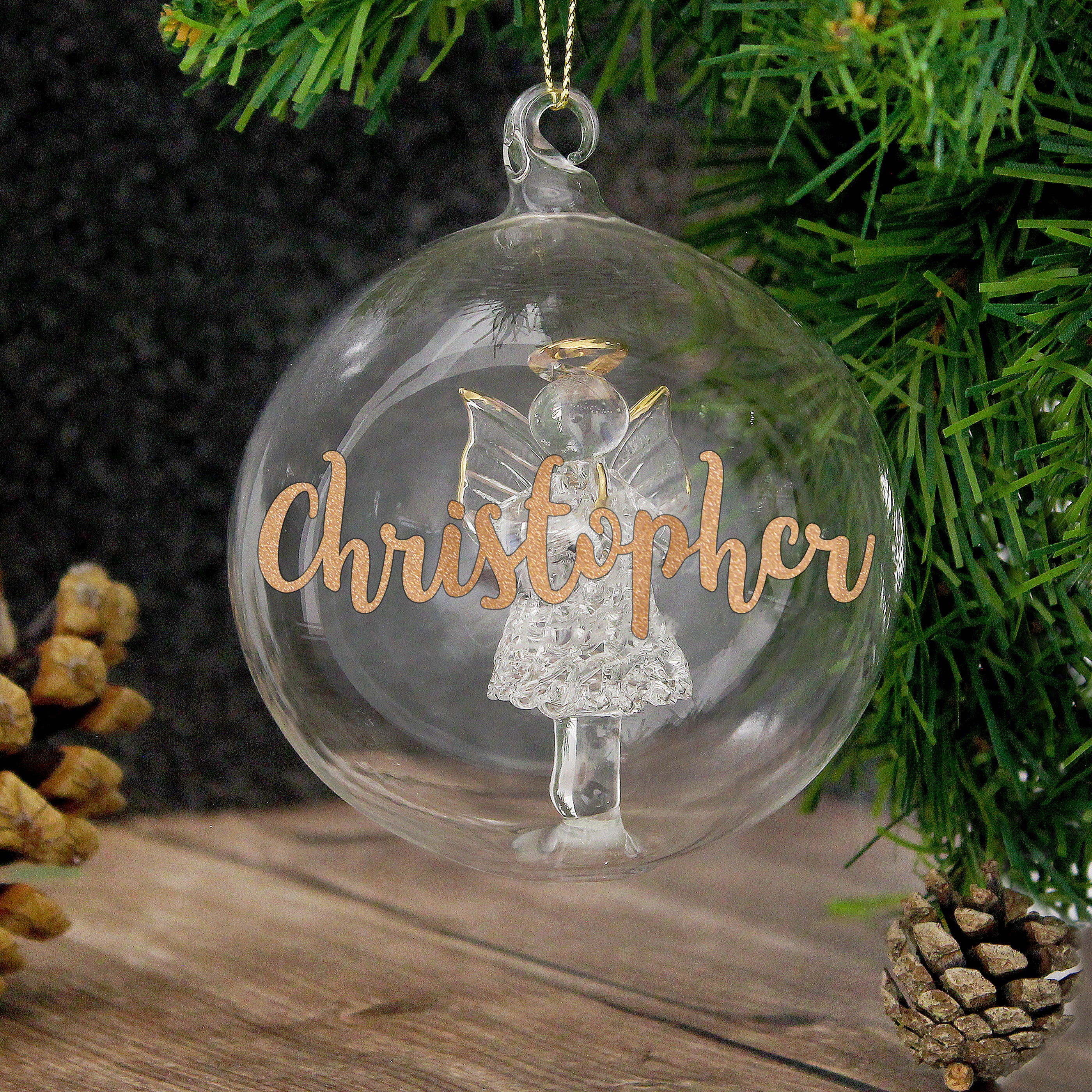 Personalised Gold Glitter Name Angel Glass Bauble