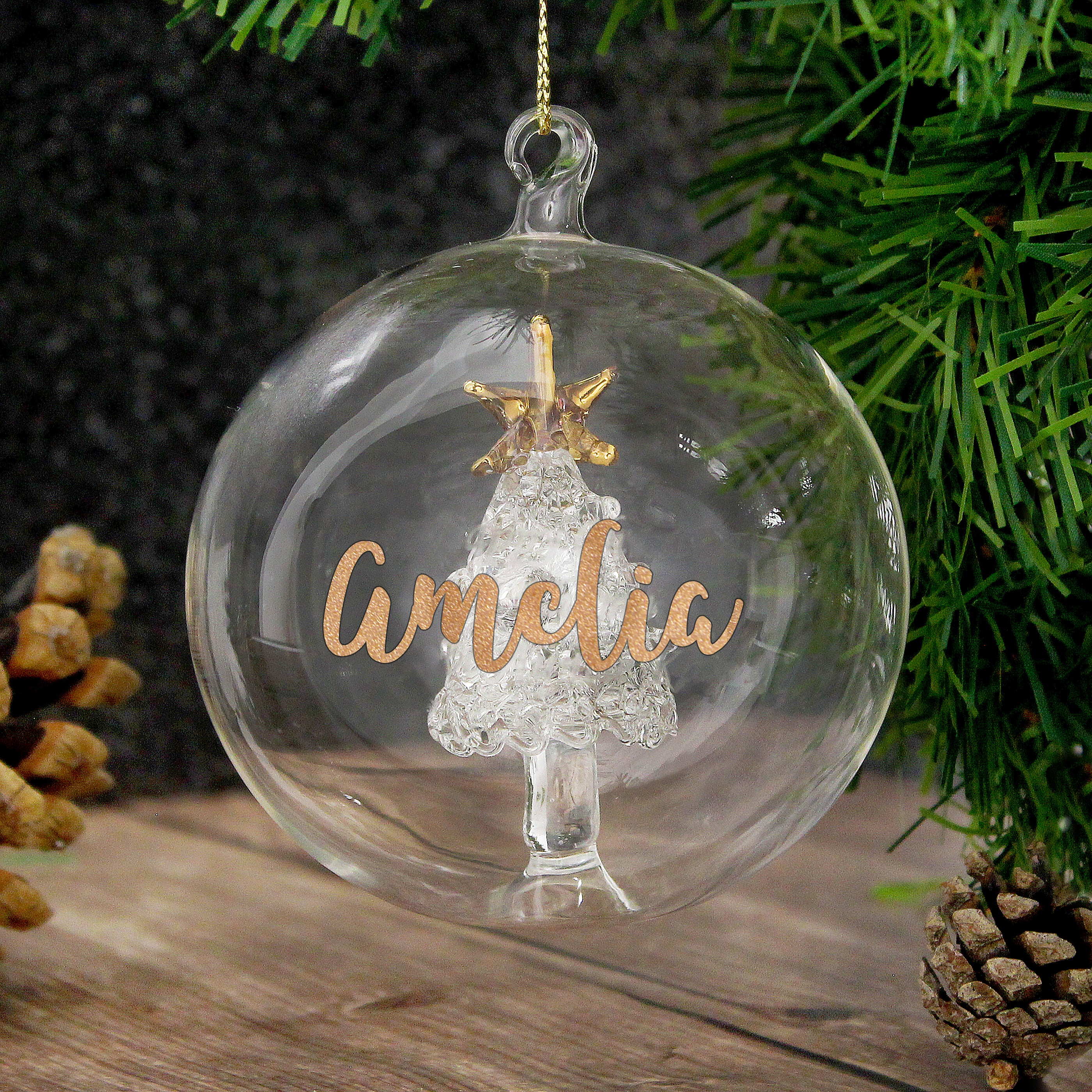 Personalised Gold Glitter Name Tree Glass Bauble