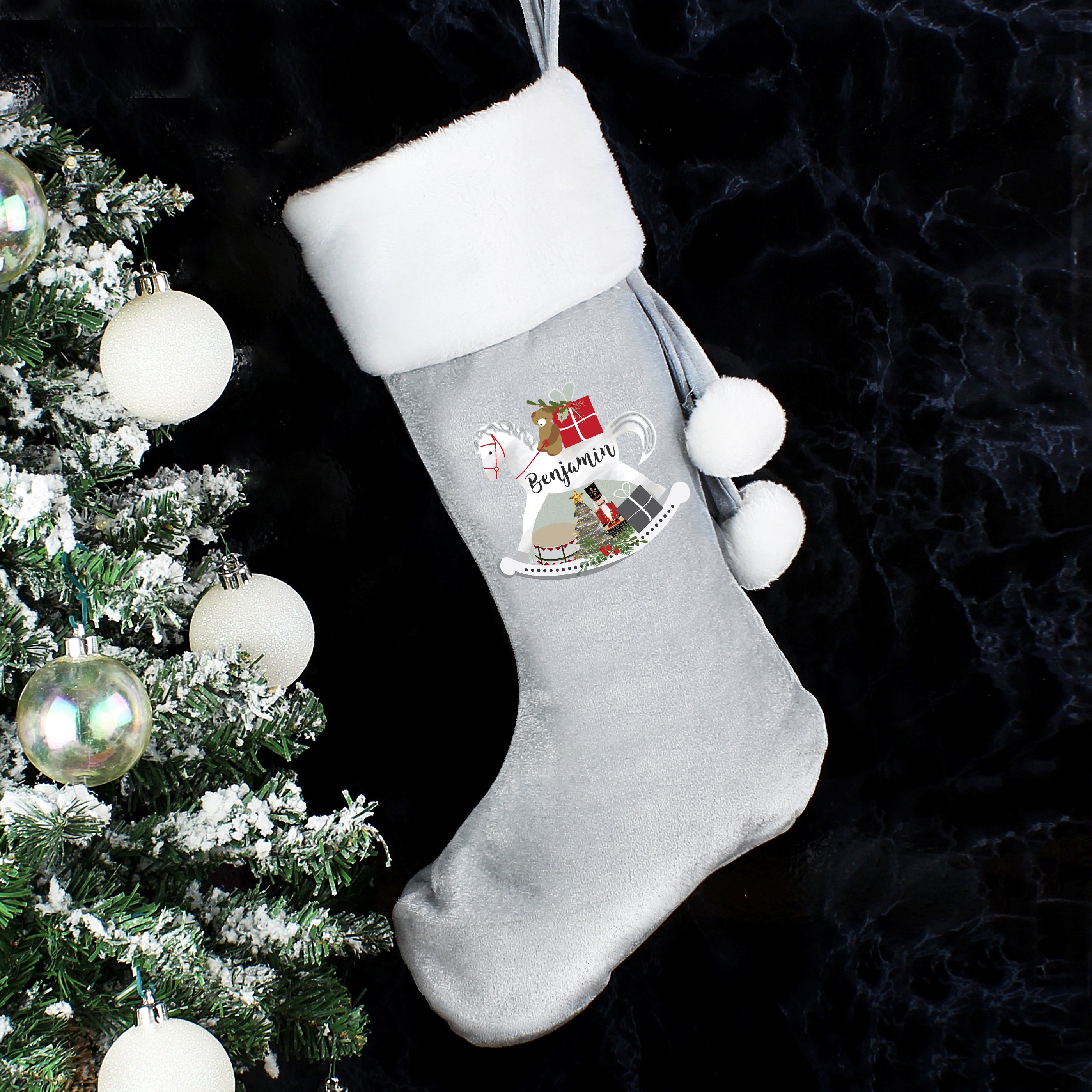 Personalised Rocking Horse Luxury Silver Grey Stocking