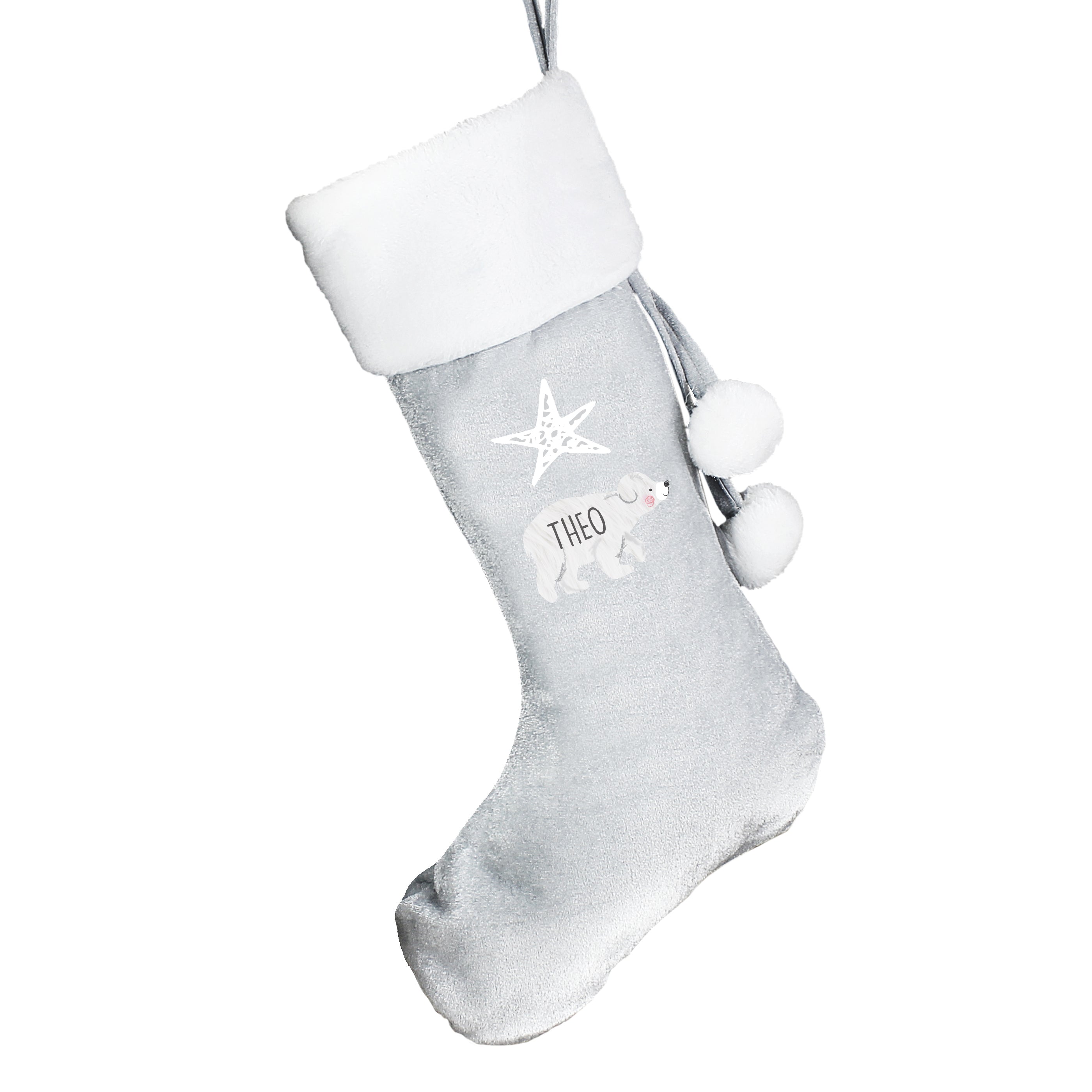 Personalised Polar Bear Luxury Silver Grey Stocking